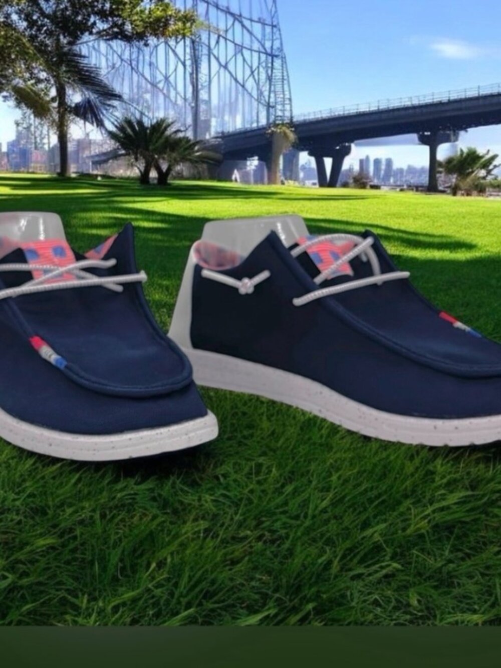 NWOT Men's Hey Dude Wally USA Slip On Navy/White/Red Lightweight Sneakers. Sz 10